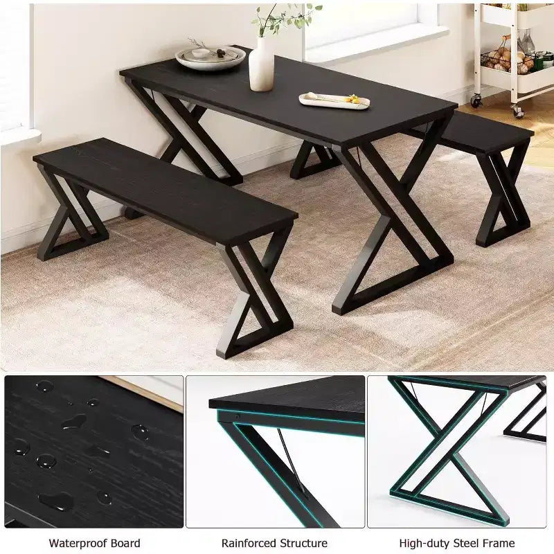 Dining Table Set with Benches,Kitchen Table Set for 4,Sturdy Metal Frame,Saving Space Dining Room Table Set for Apartment,Kitchen,Dining Room