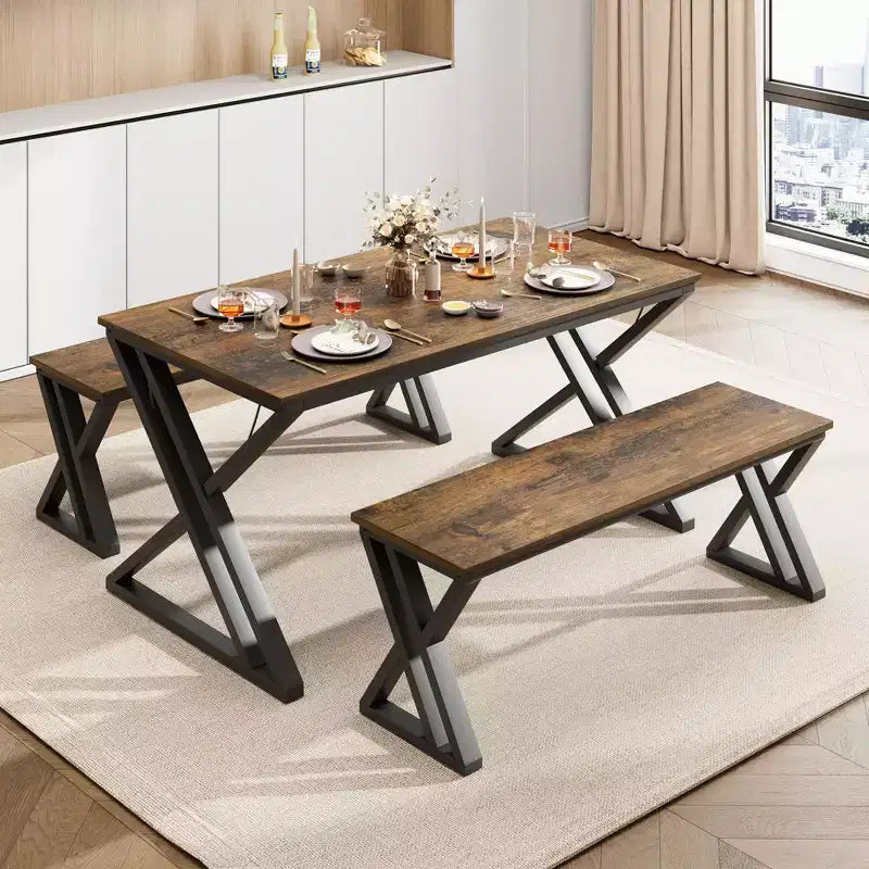 Dining Table Set with Benches,Kitchen Table Set for 4,Sturdy Metal Frame,Saving Space Dining Room Table Set for Apartment,Kitchen,Dining Room