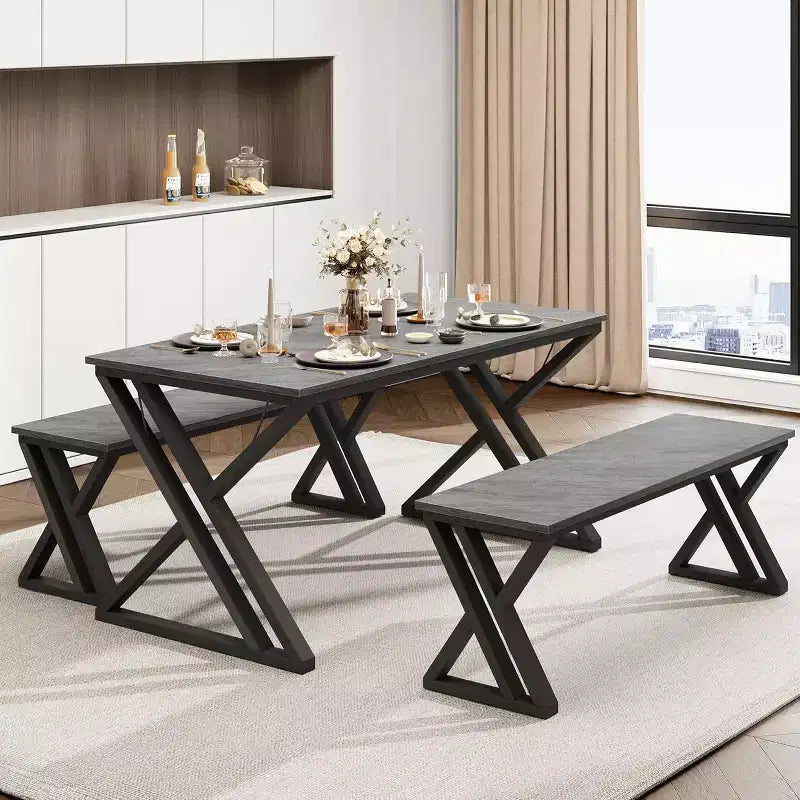 Dining Table Set with Benches,Kitchen Table Set for 4,Sturdy Metal Frame,Saving Space Dining Room Table Set for Apartment,Kitchen,Dining Room