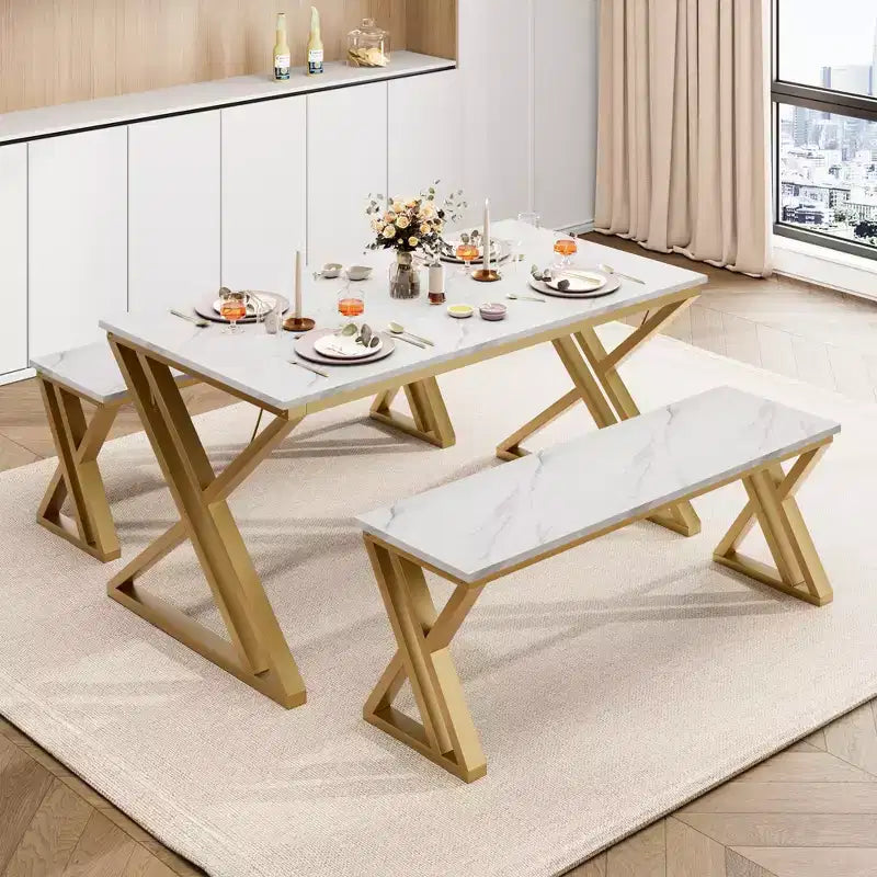 Dining Table Set with Benches,Kitchen Table Set for 4,Sturdy Metal Frame,Saving Space Dining Room Table Set for Apartment,Kitchen,Dining Room