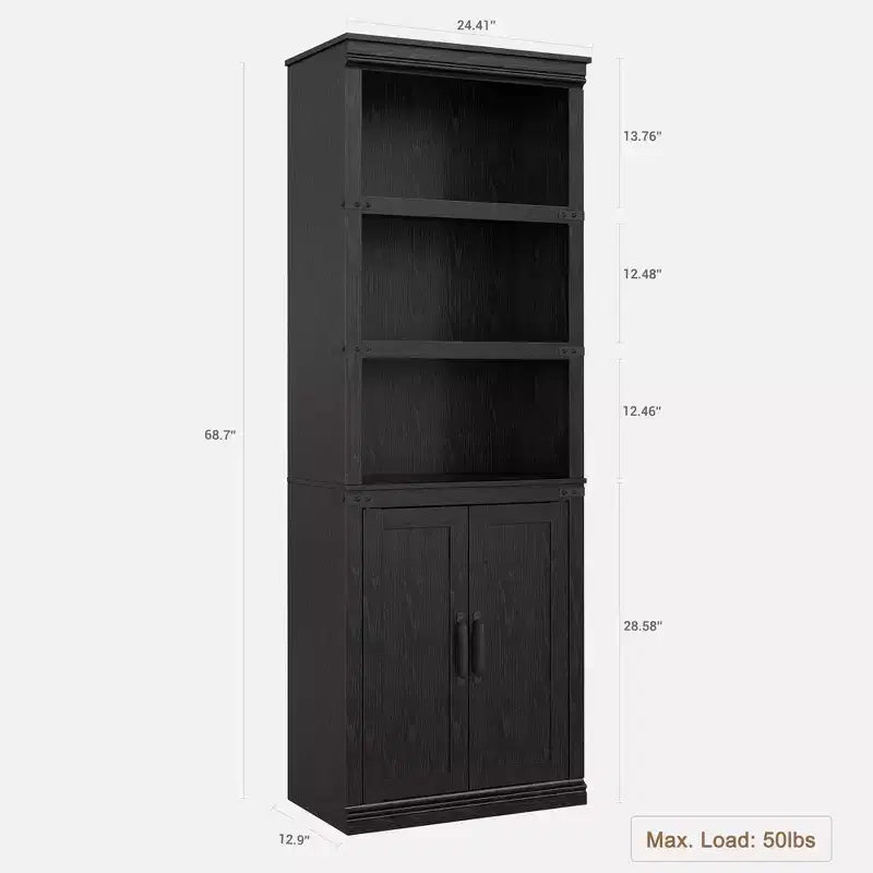 Bibliothèque de ferme Coolmee avec portes, étagère à 5 niveaux avec rangement, armoire de rangement en bois pour salon, maison, bureau, chambre à coucher