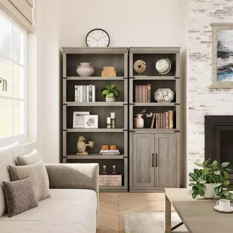 Bibliothèque de ferme Coolmee avec portes, étagère à 5 niveaux avec rangement, armoire de rangement en bois pour salon, maison, bureau, chambre à coucher
