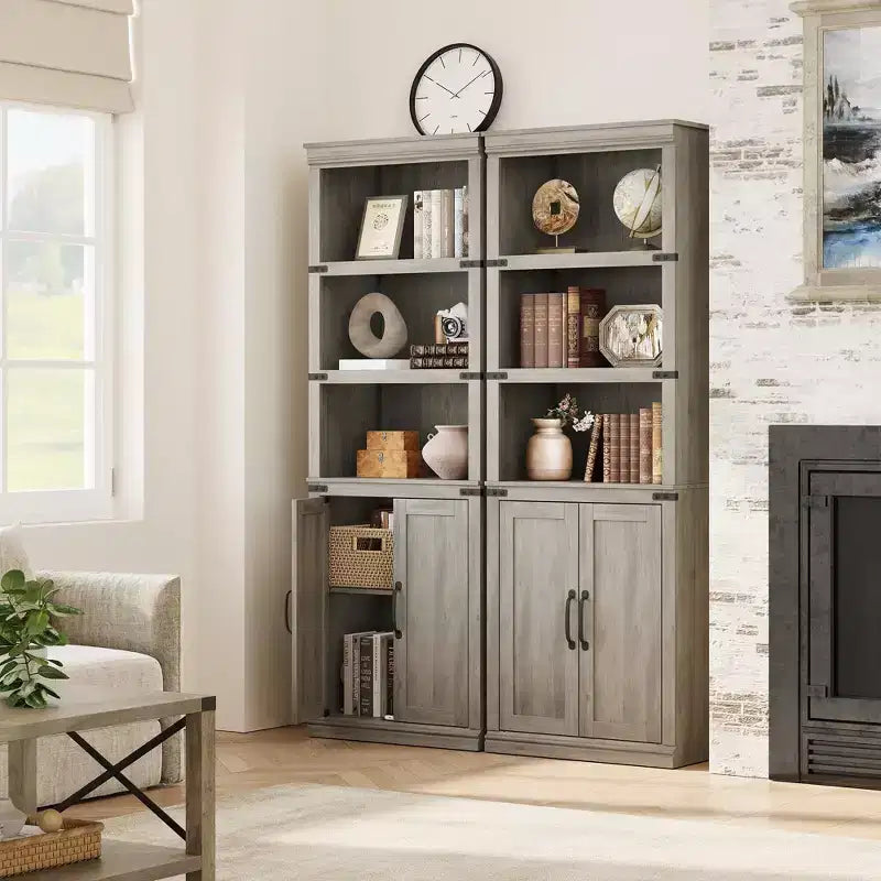 Bibliothèque de ferme Coolmee avec portes, étagère à 5 niveaux avec rangement, armoire de rangement en bois pour salon, maison, bureau, chambre à coucher