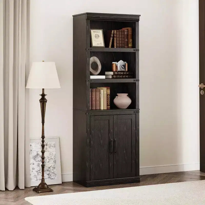 Bibliothèque de ferme Coolmee avec portes, étagère à 5 niveaux avec rangement, armoire de rangement en bois pour salon, maison, bureau, chambre à coucher