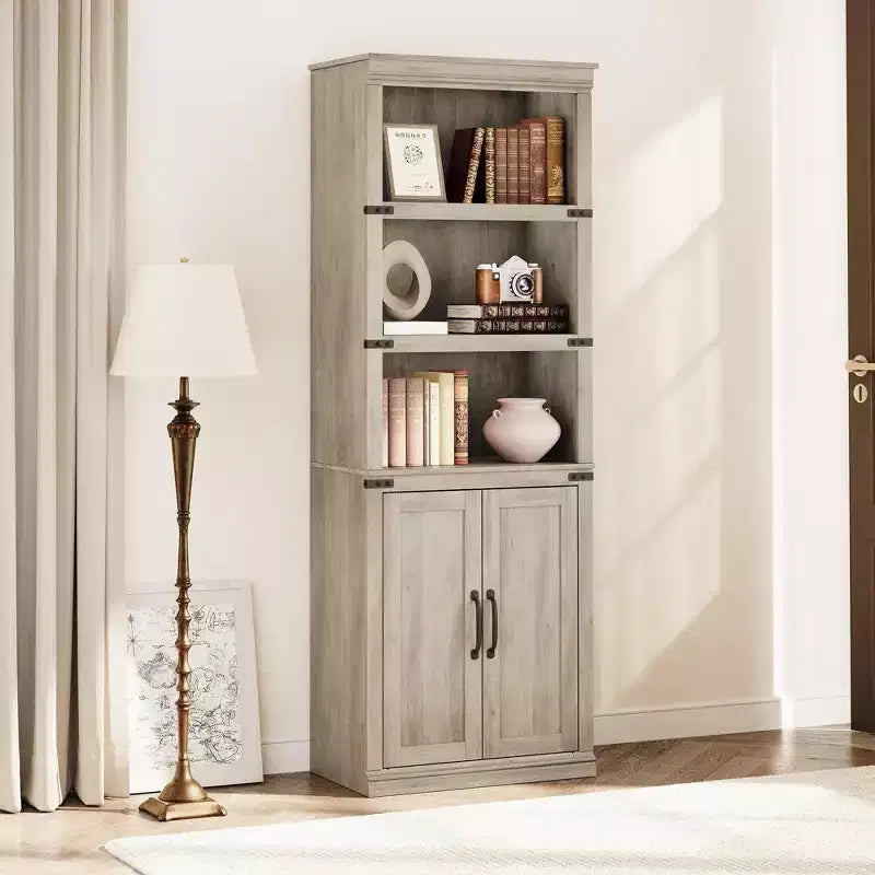 Bibliothèque de ferme Coolmee avec portes, étagère à 5 niveaux avec rangement, armoire de rangement en bois pour salon, maison, bureau, chambre à coucher