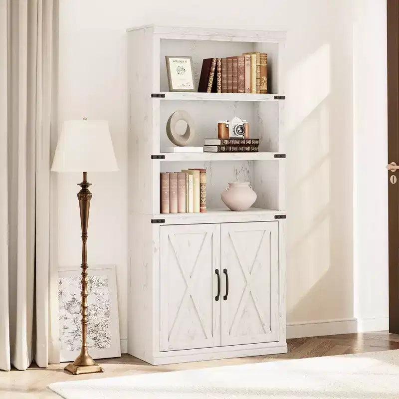 Bibliothèque de ferme Coolmee avec portes, étagère à 5 niveaux avec rangement, armoire de rangement en bois pour salon, maison, bureau, chambre à coucher