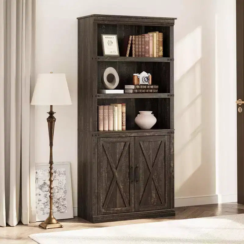 Bibliothèque de ferme Coolmee avec portes, étagère à 5 niveaux avec rangement, armoire de rangement en bois pour salon, maison, bureau, chambre à coucher