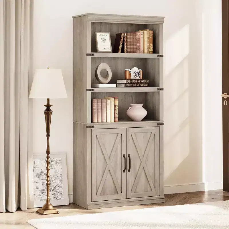 Bibliothèque de ferme Coolmee avec portes, étagère à 5 niveaux avec rangement, armoire de rangement en bois pour salon, maison, bureau, chambre à coucher