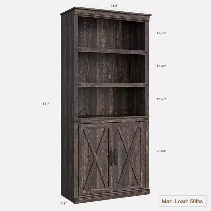 Bibliothèque de ferme Coolmee avec portes, étagère à 5 niveaux avec rangement, armoire de rangement en bois pour salon, maison, bureau, chambre à coucher