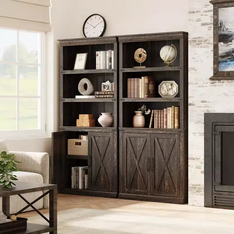Bibliothèque de ferme Coolmee avec portes, étagère à 5 niveaux avec rangement, armoire de rangement en bois pour salon, maison, bureau, chambre à coucher