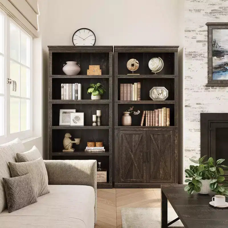 Bibliothèque de ferme Coolmee avec portes, étagère à 5 niveaux avec rangement, armoire de rangement en bois pour salon, maison, bureau, chambre à coucher