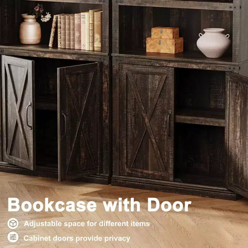 Bibliothèque de ferme Coolmee avec portes, étagère à 5 niveaux avec rangement, armoire de rangement en bois pour salon, maison, bureau, chambre à coucher