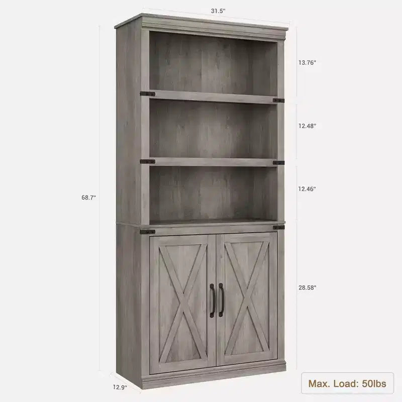 Bibliothèque de ferme Coolmee avec portes, étagère à 5 niveaux avec rangement, armoire de rangement en bois pour salon, maison, bureau, chambre à coucher