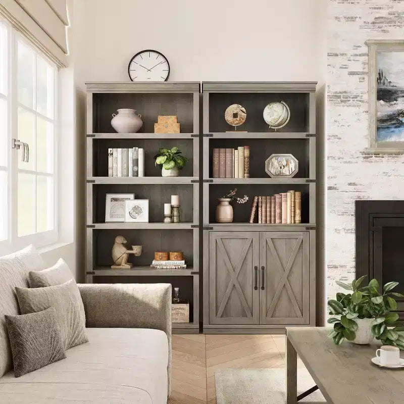 Bibliothèque de ferme Coolmee avec portes, étagère à 5 niveaux avec rangement, armoire de rangement en bois pour salon, maison, bureau, chambre à coucher