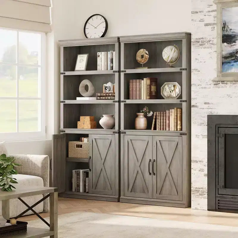 Bibliothèque de ferme Coolmee avec portes, étagère à 5 niveaux avec rangement, armoire de rangement en bois pour salon, maison, bureau, chambre à coucher