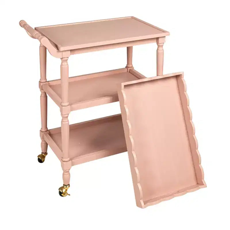 Storied Home 3-Tier Bar Cart on Casters with Removable Scalloped Tray, Pink