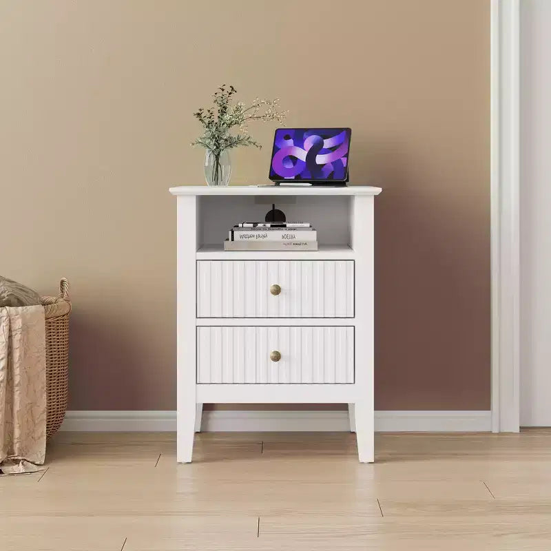 Heynemo Fluted 2 Drawer Dresser, Nightstand with Charging Station, Modern Chest of Drawers, Modern Wood Dresser with Spacious Storage, Tall End Table