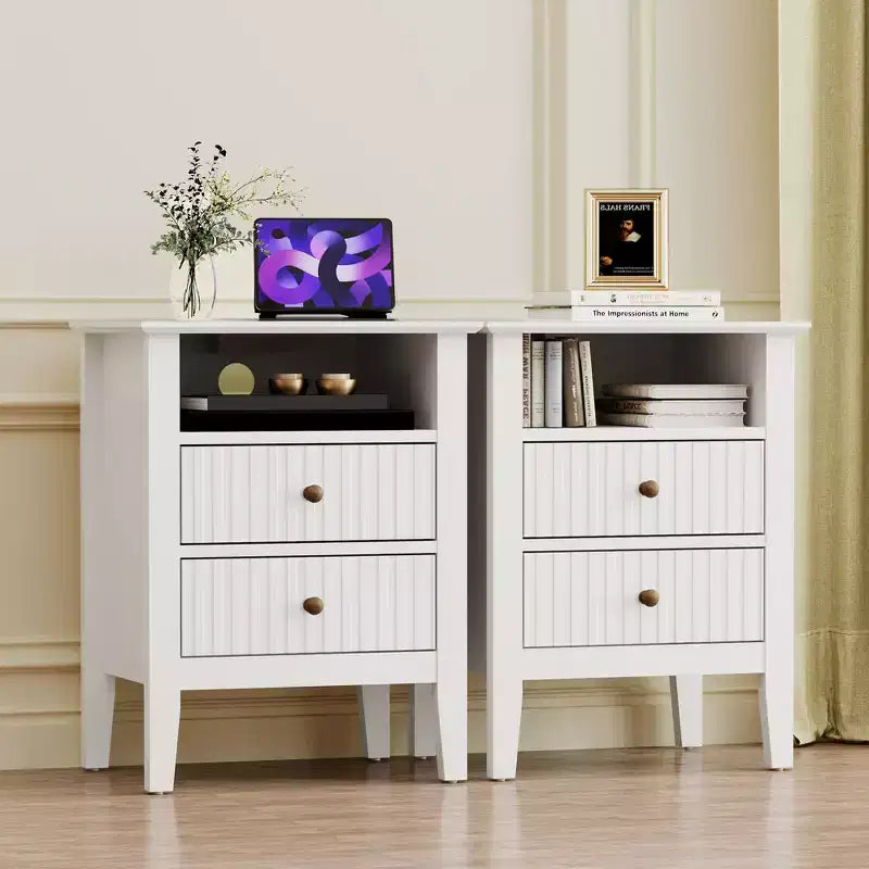 Heynemo Fluted 2 Drawer Dresser, Nightstand with Charging Station, Modern Chest of Drawers, Modern Wood Dresser with Spacious Storage, Tall End Table