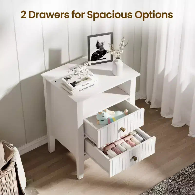 Heynemo Fluted 2 Drawer Dresser, Nightstand with Charging Station, Modern Chest of Drawers, Modern Wood Dresser with Spacious Storage, Tall End Table