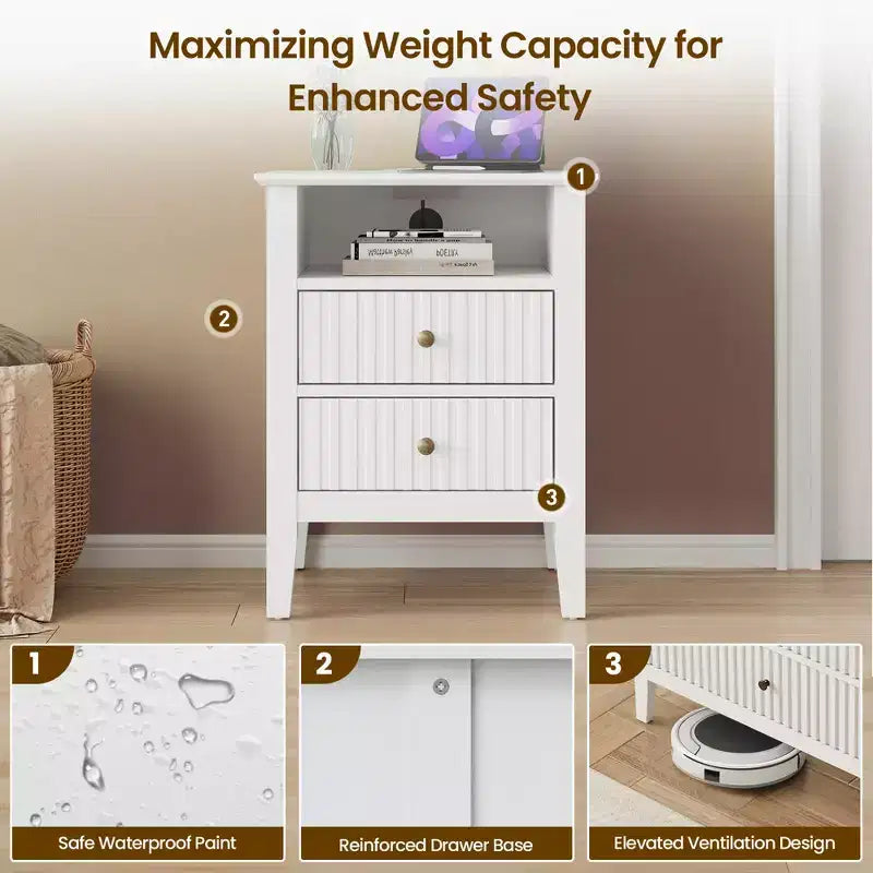 Heynemo Fluted 2 Drawer Dresser, Nightstand with Charging Station, Modern Chest of Drawers, Modern Wood Dresser with Spacious Storage, Tall End Table
