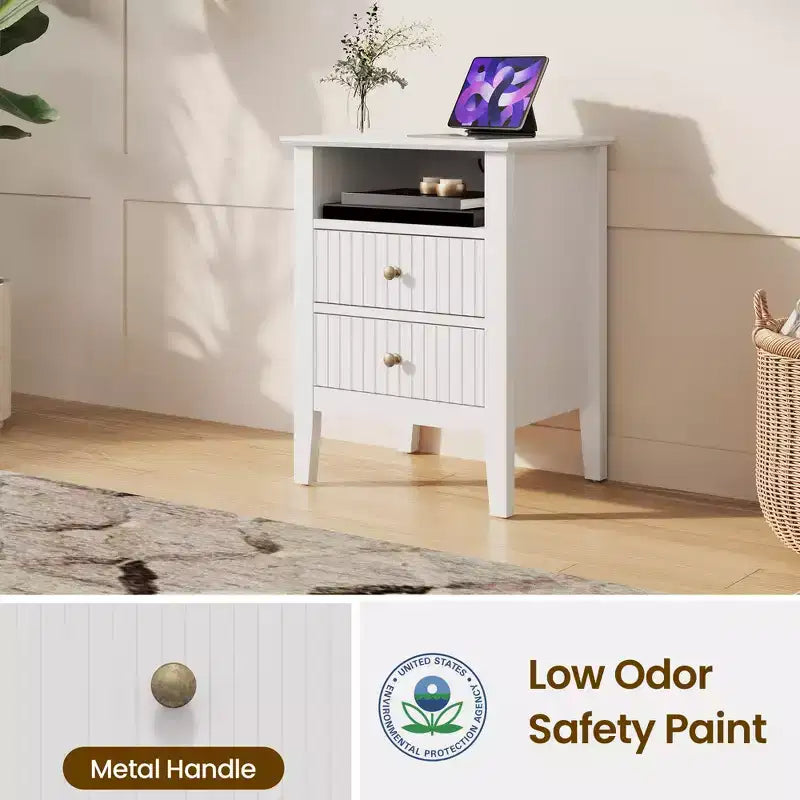 Heynemo Fluted 2 Drawer Dresser, Nightstand with Charging Station, Modern Chest of Drawers, Modern Wood Dresser with Spacious Storage, Tall End Table