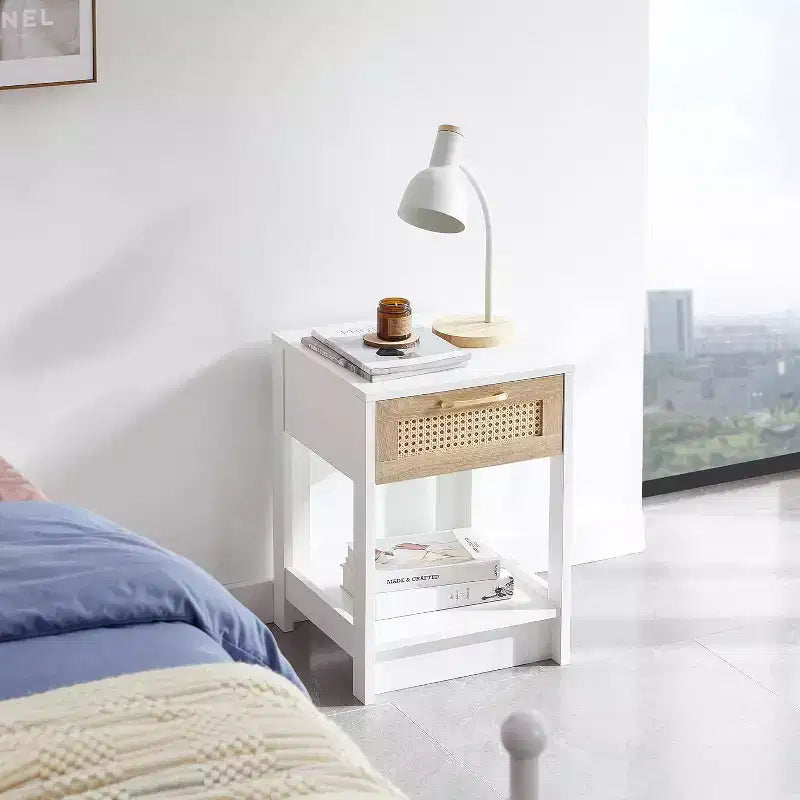 Acekool Rattan Nightstand with Drawer, Bedside End Table for Small Spaces, 15.75L x 15.75W x 21.65H, Natural Finish