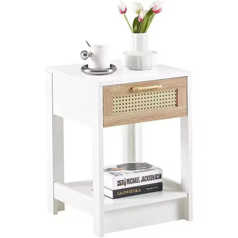 Acekool Rattan Nightstand with Drawer, Bedside End Table for Small Spaces, 15.75L x 15.75W x 21.65H, Natural Finish