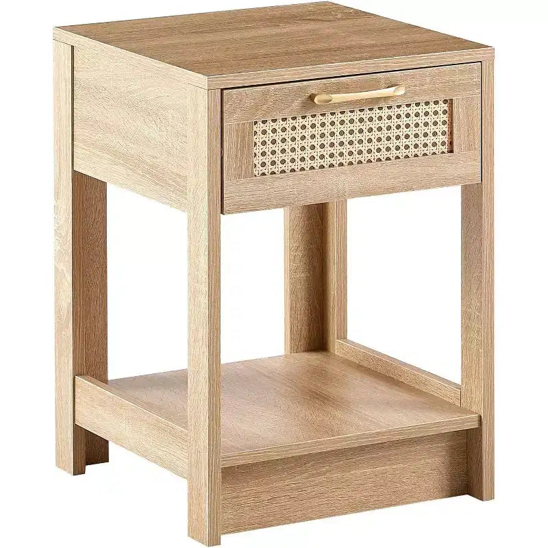 Acekool Rattan Nightstand with Drawer, Bedside End Table for Small Spaces, 15.75L x 15.75W x 21.65H, Natural Finish