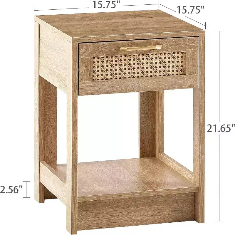 Acekool Rattan Nightstand with Drawer, Bedside End Table for Small Spaces, 15.75L x 15.75W x 21.65H, Natural Finish