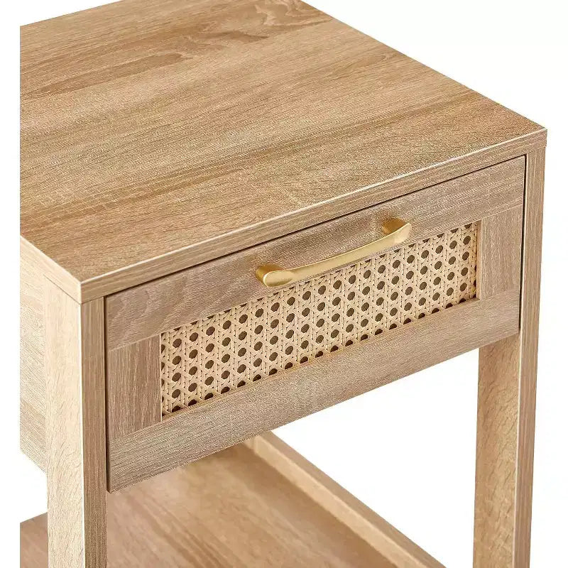 Acekool Rattan Nightstand with Drawer, Bedside End Table for Small Spaces, 15.75L x 15.75W x 21.65H, Natural Finish