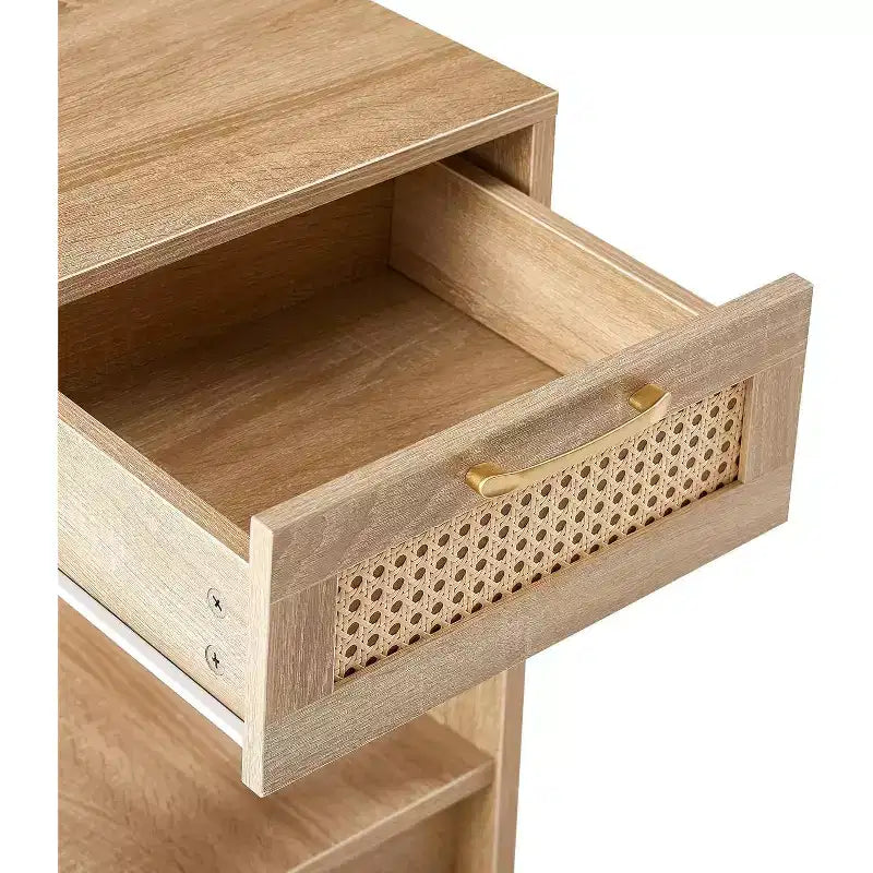 Acekool Rattan Nightstand with Drawer, Bedside End Table for Small Spaces, 15.75L x 15.75W x 21.65H, Natural Finish