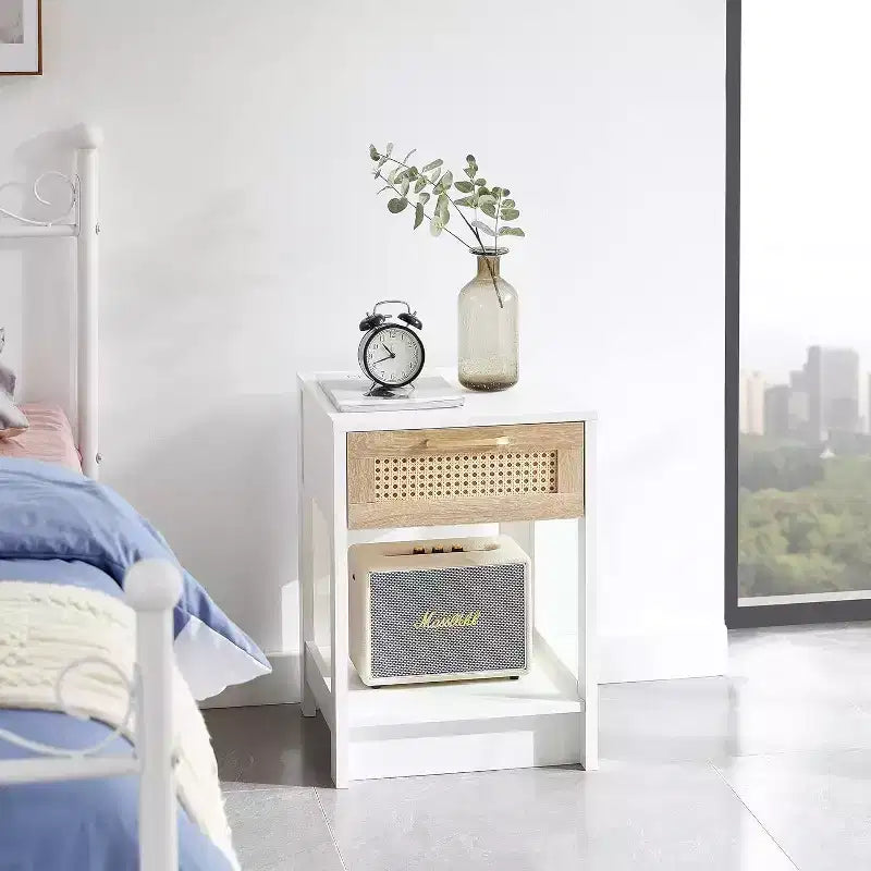 Acekool Rattan Nightstand with Drawer, Bedside End Table for Small Spaces, 15.75L x 15.75W x 21.65H, Natural Finish