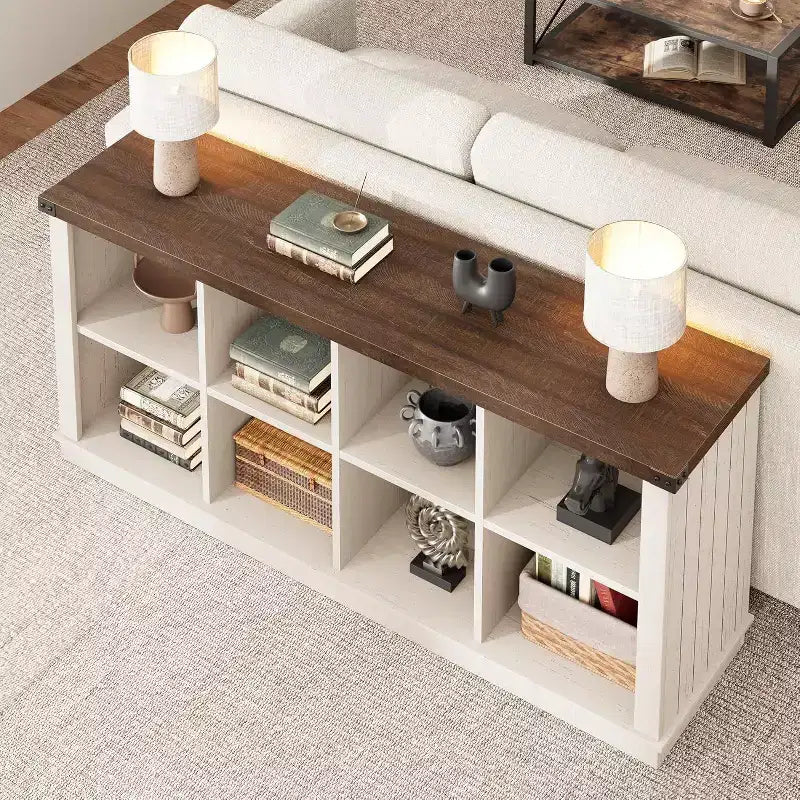 8 Cube Book Shelf, Rustic Farmhouse Wood Horizontal Bookshelf, Freestanding Bookcase Cabinet, 2-Tier Storage Organizer for Home, Office Brown White