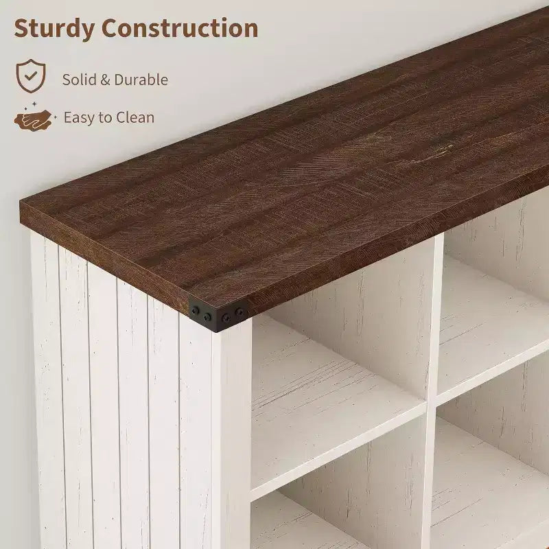 8 Cube Book Shelf, Rustic Farmhouse Wood Horizontal Bookshelf, Freestanding Bookcase Cabinet, 2-Tier Storage Organizer for Home, Office Brown White