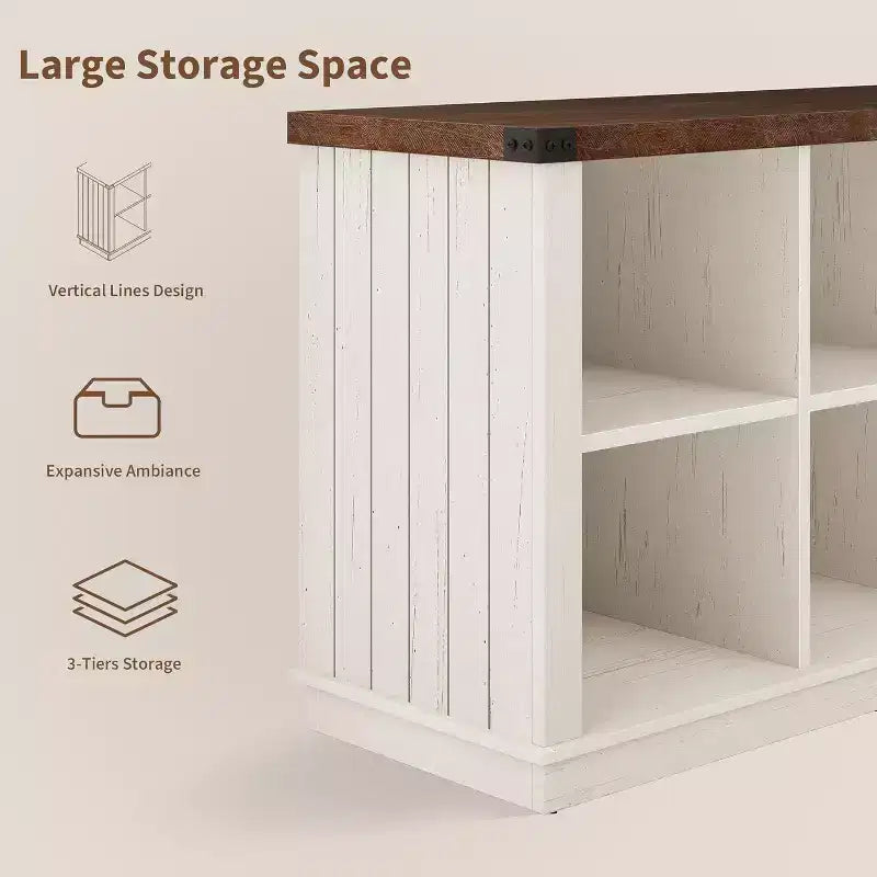 8 Cube Book Shelf, Rustic Farmhouse Wood Horizontal Bookshelf, Freestanding Bookcase Cabinet, 2-Tier Storage Organizer for Home, Office Brown White