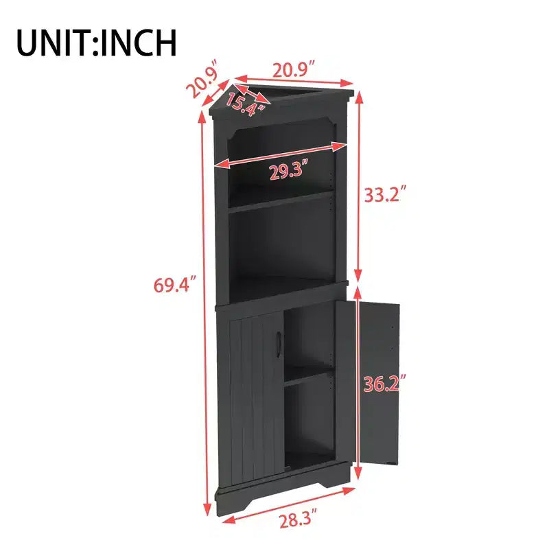 Okak Tall Freestanding Bookcase Bathroom Cabinet with 2 Doors & 2 Shelves,Floor Corner Storage Cabinet for Bathroom,Living Room