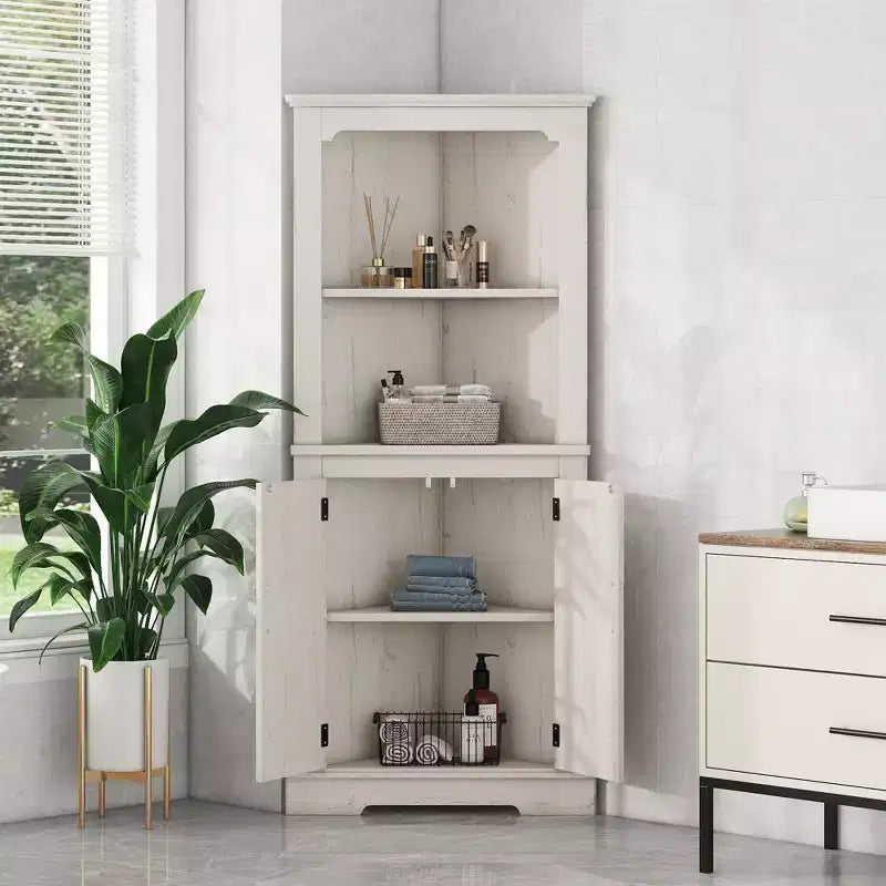 Okak Tall Freestanding Bookcase Bathroom Cabinet with 2 Doors & 2 Shelves,Floor Corner Storage Cabinet for Bathroom,Living Room