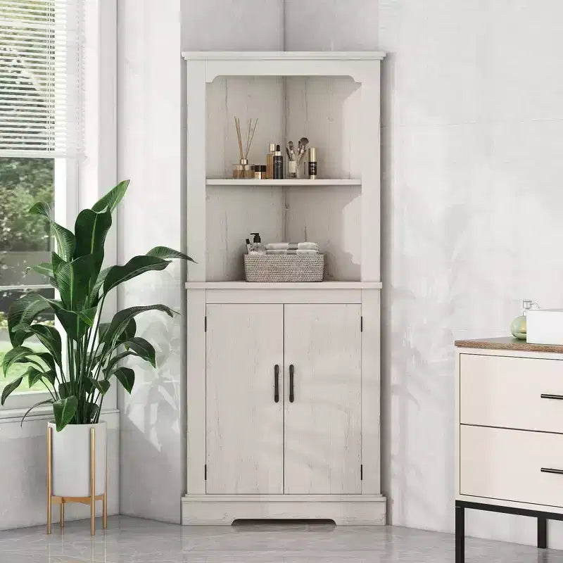 Okak Tall Freestanding Bookcase Bathroom Cabinet with 2 Doors & 2 Shelves,Floor Corner Storage Cabinet for Bathroom,Living Room