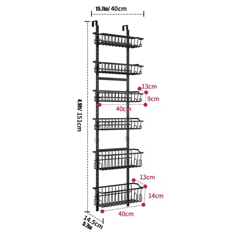 6-Tier Over The Door Pantry Organizer, Metal Door Hanging Spice Storage Rack Adjustable Hanging Door Organizer With Detachable Baskets for Kitchen