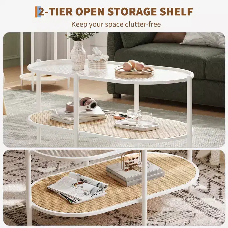 37 Rattan Oval Coffee Table, 2-Tier Storage Shelf and Metal Frame, Water-Wave Glass Table top Cocktail Tea Table, Farmhouse Center Tables