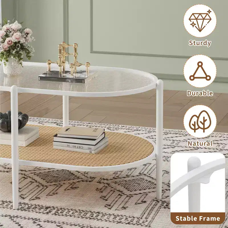 37 Rattan Oval Coffee Table, 2-Tier Storage Shelf and Metal Frame, Water-Wave Glass Table top Cocktail Tea Table, Farmhouse Center Tables