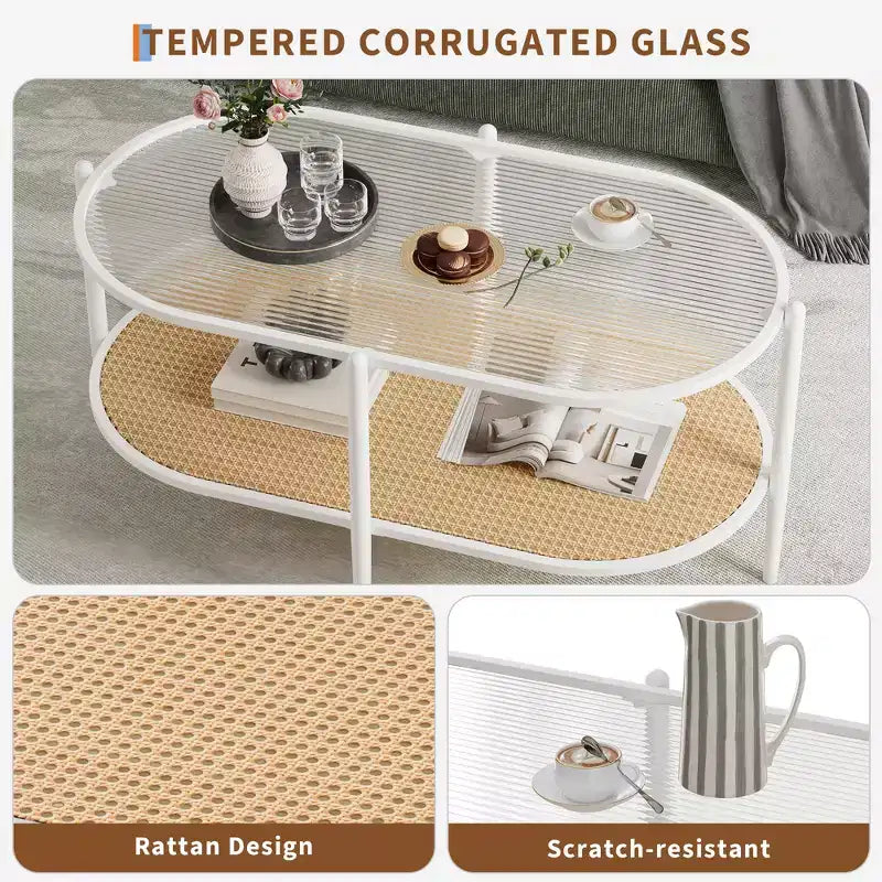 37 Rattan Oval Coffee Table, 2-Tier Storage Shelf and Metal Frame, Water-Wave Glass Table top Cocktail Tea Table, Farmhouse Center Tables