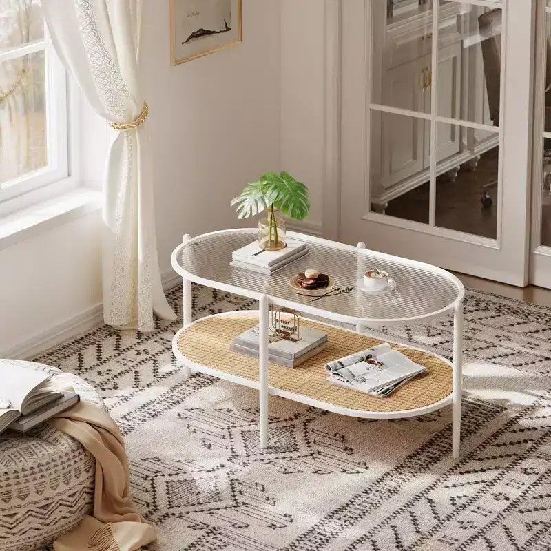 37 Rattan Oval Coffee Table, 2-Tier Storage Shelf and Metal Frame, Water-Wave Glass Table top Cocktail Tea Table, Farmhouse Center Tables