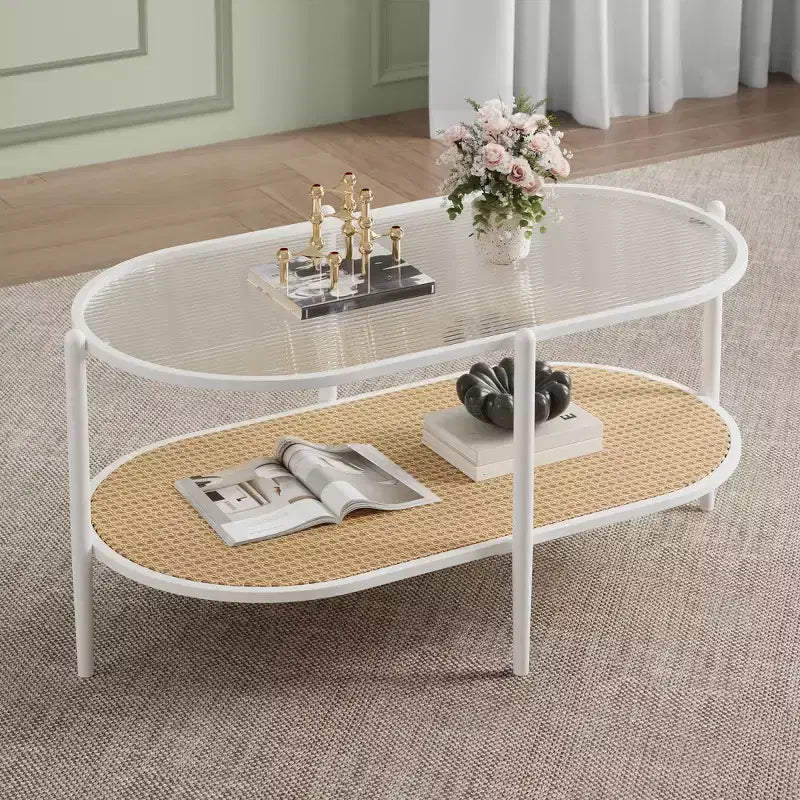 37 Rattan Oval Coffee Table, 2-Tier Storage Shelf and Metal Frame, Water-Wave Glass Table top Cocktail Tea Table, Farmhouse Center Tables