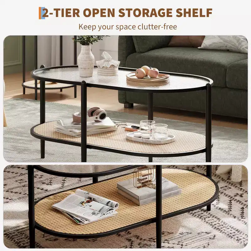 37 Rattan Oval Coffee Table, 2-Tier Storage Shelf and Metal Frame, Water-Wave Glass Table top Cocktail Tea Table, Farmhouse Center Tables