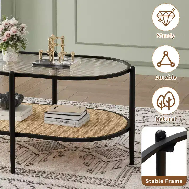 37 Rattan Oval Coffee Table, 2-Tier Storage Shelf and Metal Frame, Water-Wave Glass Table top Cocktail Tea Table, Farmhouse Center Tables