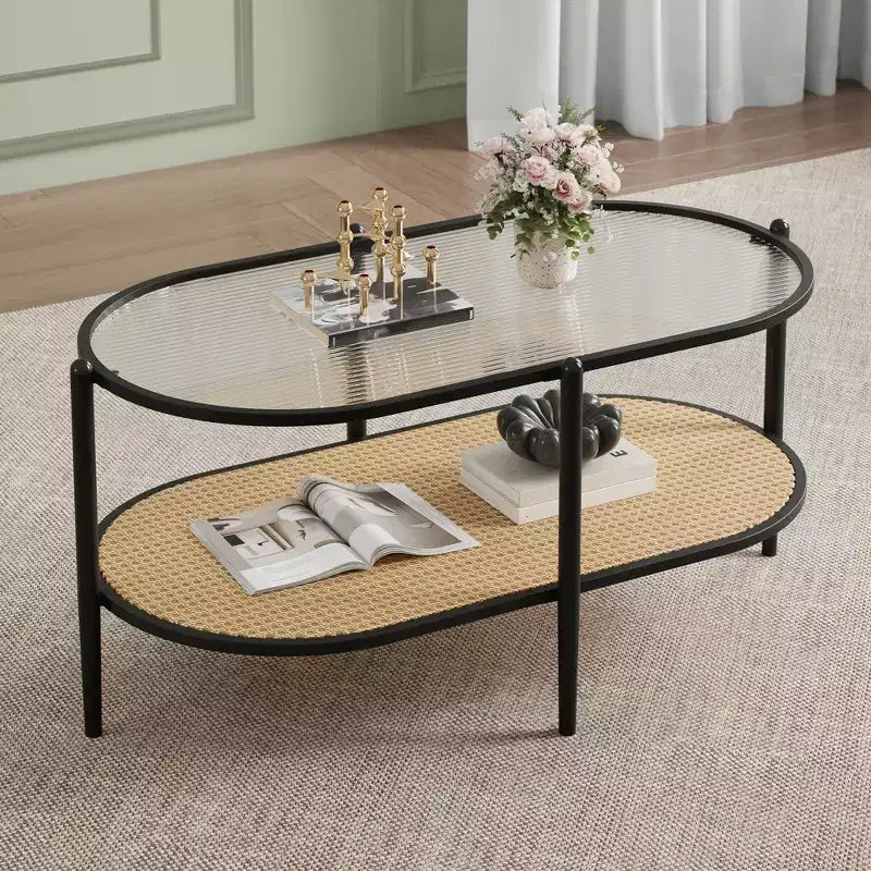 37 Rattan Oval Coffee Table, 2-Tier Storage Shelf and Metal Frame, Water-Wave Glass Table top Cocktail Tea Table, Farmhouse Center Tables