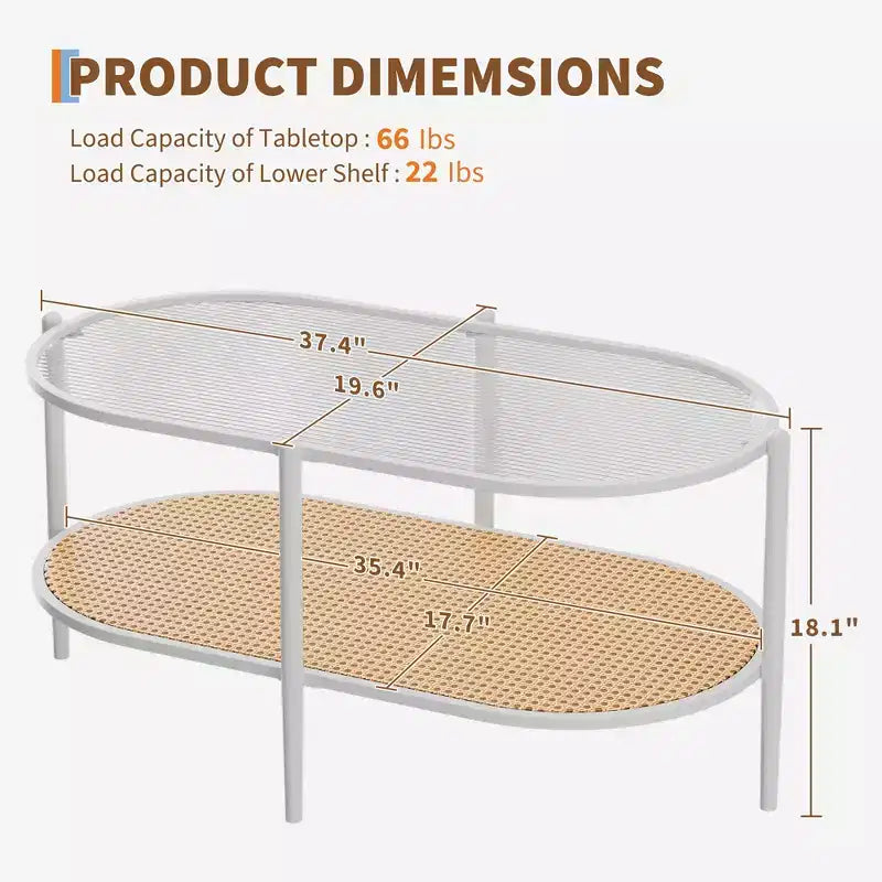37 Rattan Oval Coffee Table, 2-Tier Storage Shelf and Metal Frame, Water-Wave Glass Table top Cocktail Tea Table, Farmhouse Center Tables