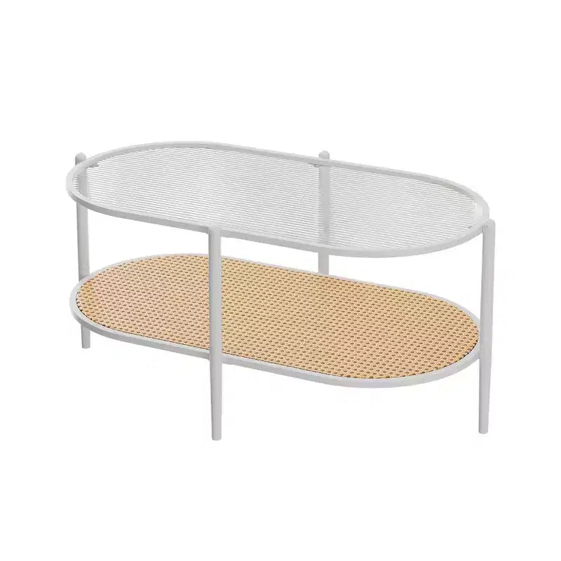 37 Rattan Oval Coffee Table, 2-Tier Storage Shelf and Metal Frame, Water-Wave Glass Table top Cocktail Tea Table, Farmhouse Center Tables