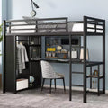 Twin XL Size Loft Bed Frame with Built-in Wardrobe Metal Loft Bed with Desk and Storage Shelves Black